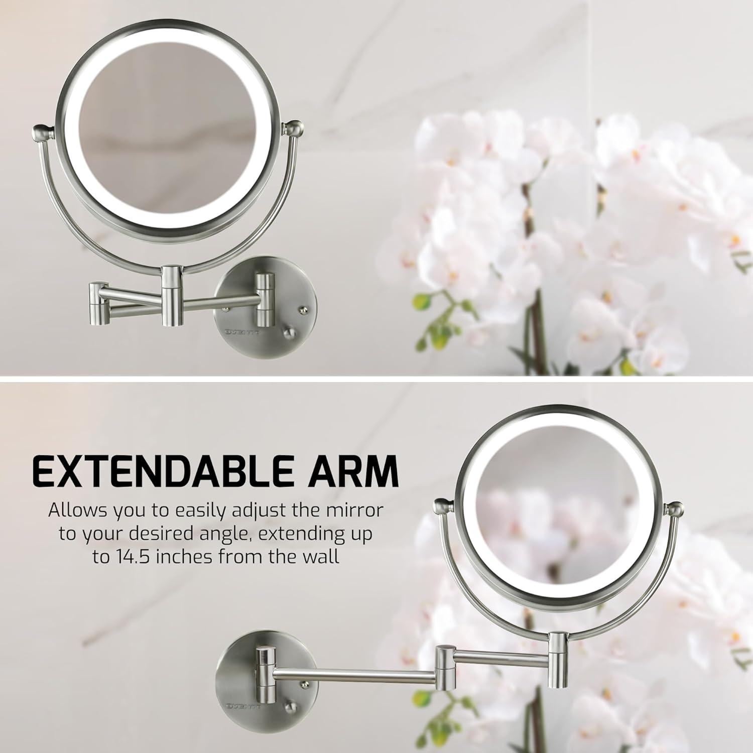 imageOVENTE Wall Mounted Lighted Makeup Vanity Mirror 9 Hard Wired Double Sided 1X7X Magnifying Bathroom Mirror Dimmable LED Lights 360 Rotation and 14 Extendable Arm Rubbed Bronze MPWD3185BZ1X7XNickel Brushed