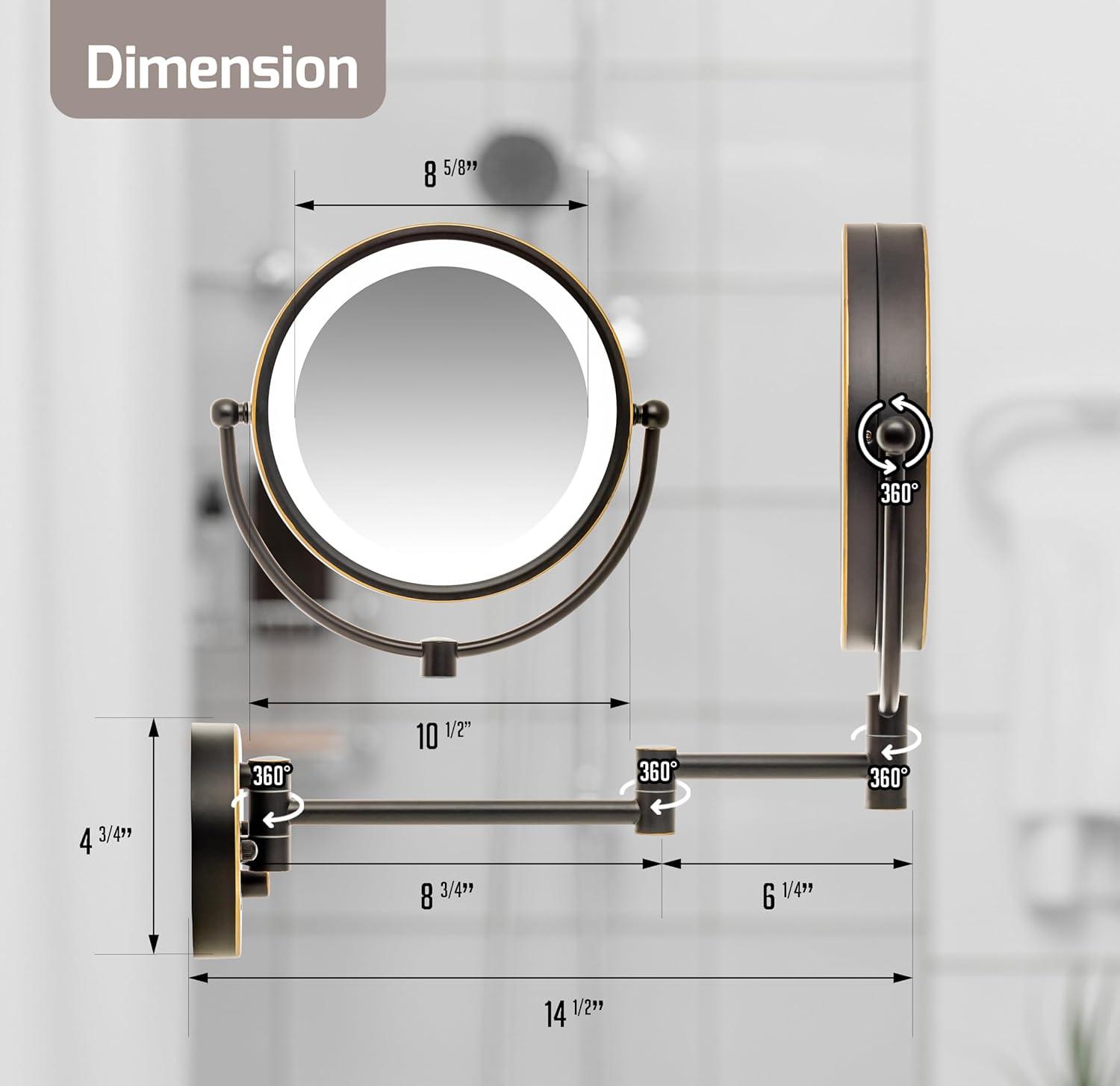 imageOVENTE Wall Mounted Lighted Makeup Vanity Mirror 9 Hard Wired Double Sided 1X7X Magnifying Bathroom Mirror Dimmable LED Lights 360 Rotation and 14 Extendable Arm Rubbed Bronze MPWD3185BZ1X7XOil Rubbed Bronze