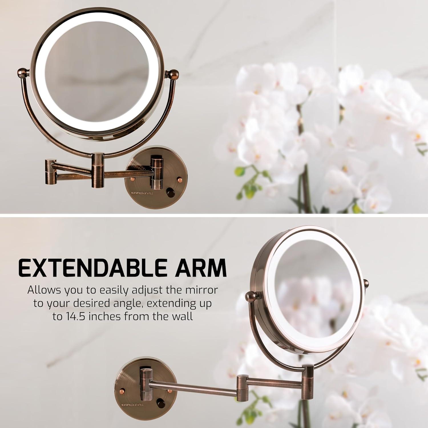 imageOVENTE Wall Mounted Lighted Makeup Vanity Mirror 9 Hard Wired Double Sided 1X7X Magnifying Bathroom Mirror Dimmable LED Lights 360 Rotation and 14 Extendable Arm Rubbed Bronze MPWD3185BZ1X7XAntique Bronze