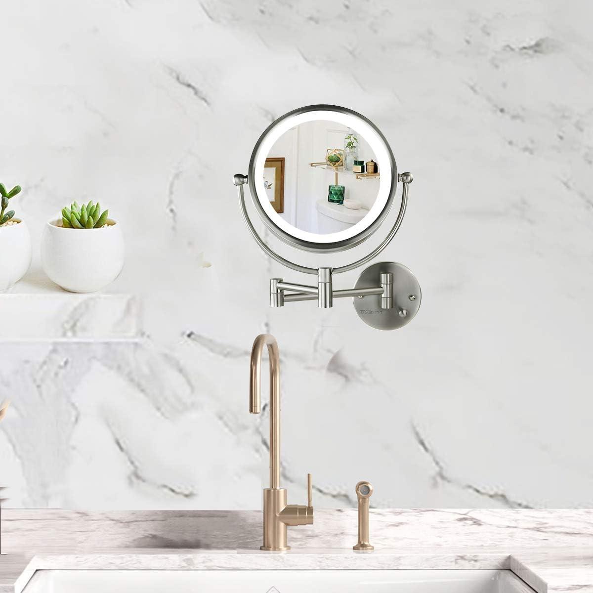 imageOVENTE Wall Mounted Lighted Makeup Vanity Mirror 9 Hard Wired Double Sided 1X7X Magnifying Bathroom Mirror Dimmable LED Lights 360 Rotation and 14 Extendable Arm Rubbed Bronze MPWD3185BZ1X7XNickel Brushed