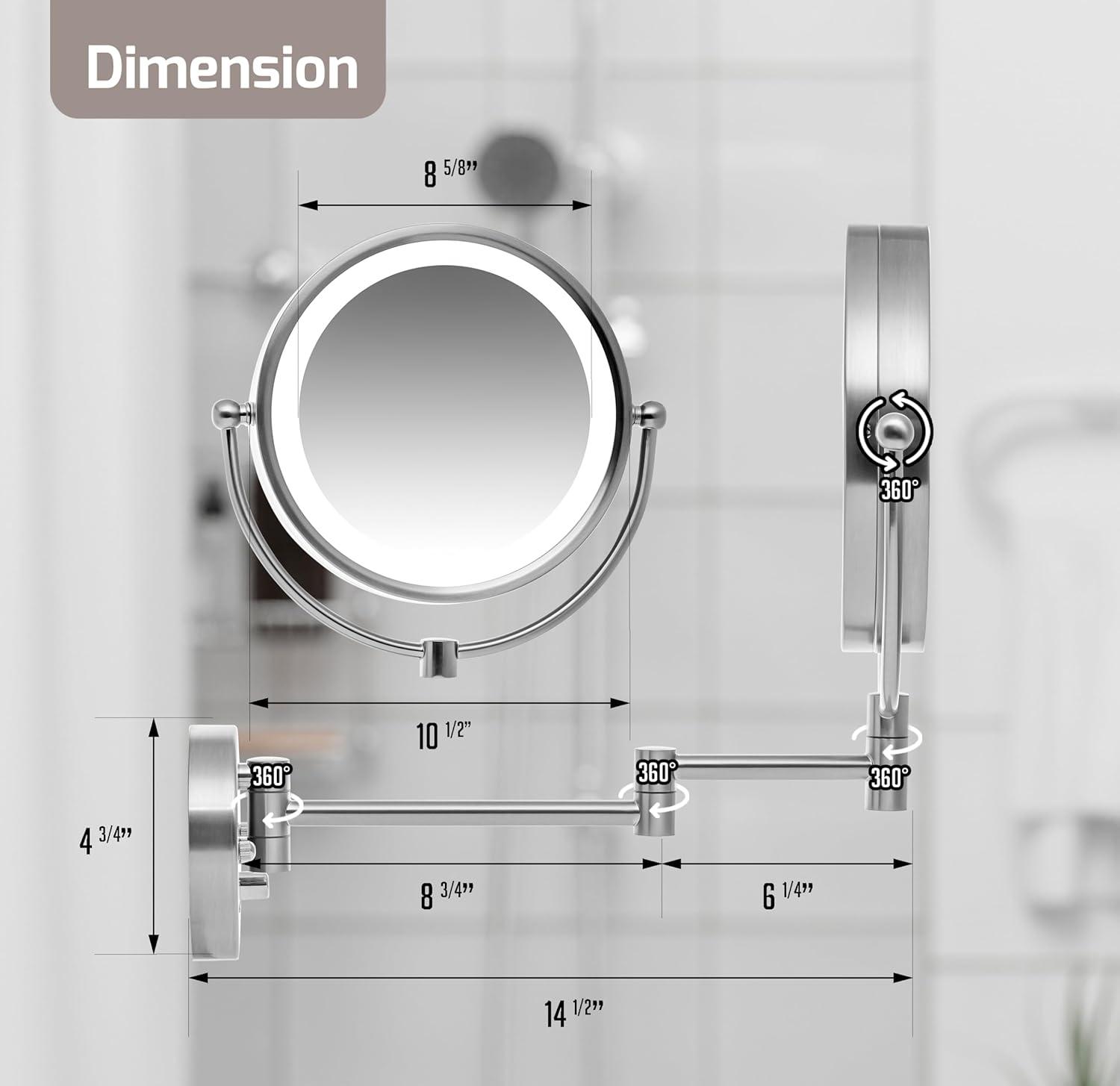 imageOVENTE Wall Mounted Lighted Makeup Vanity Mirror 9 Hard Wired Double Sided 1X7X Magnifying Bathroom Mirror Dimmable LED Lights 360 Rotation and 14 Extendable Arm Rubbed Bronze MPWD3185BZ1X7XNickel Brushed