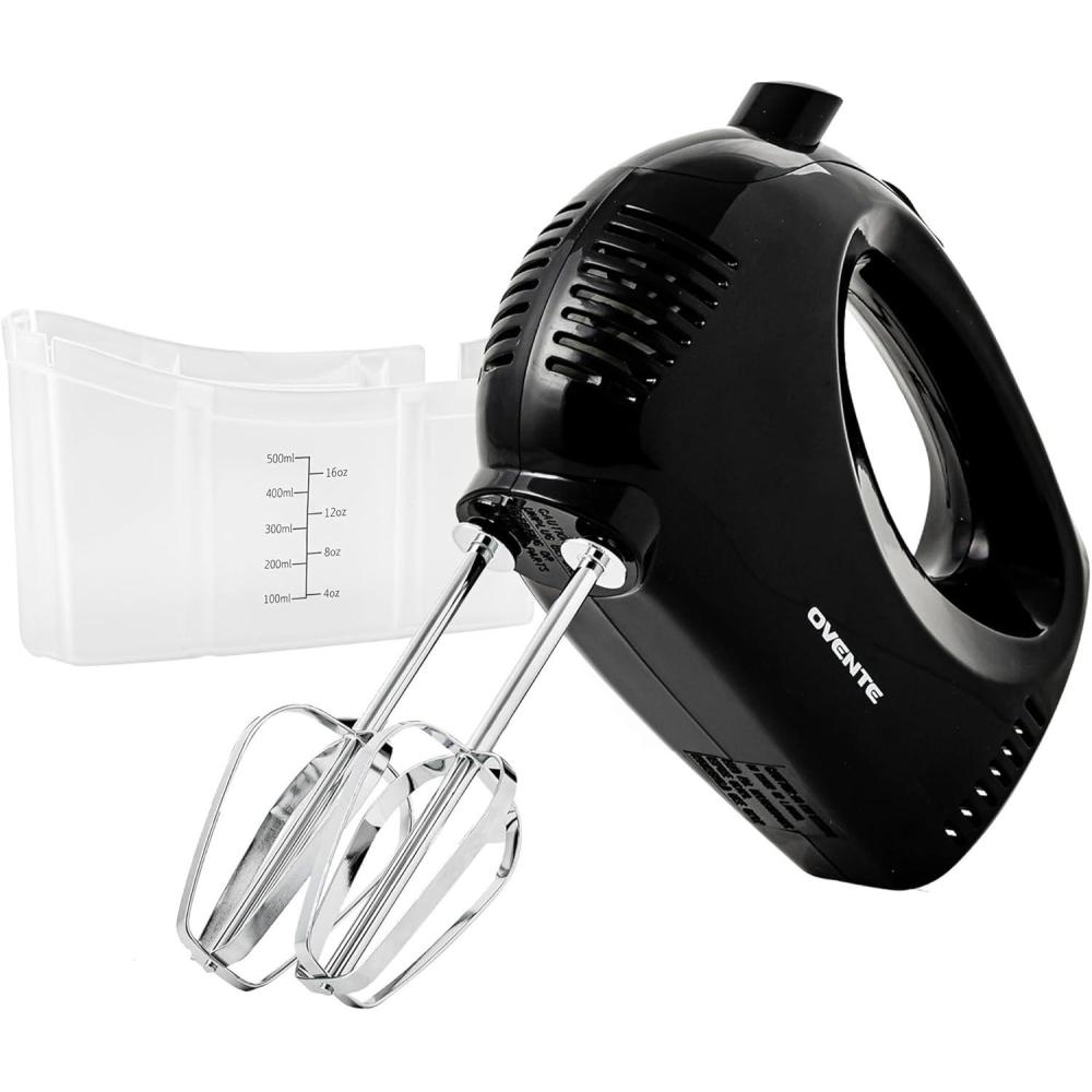 imageOVENTE 5Speed Corded Electric Hand Mixer with Stainless Steel Whisks Compact Portable Design with SnapOn Storage Case150W Lightweight Handheld Mixer for Baking amp Cooking White HM151WBlack