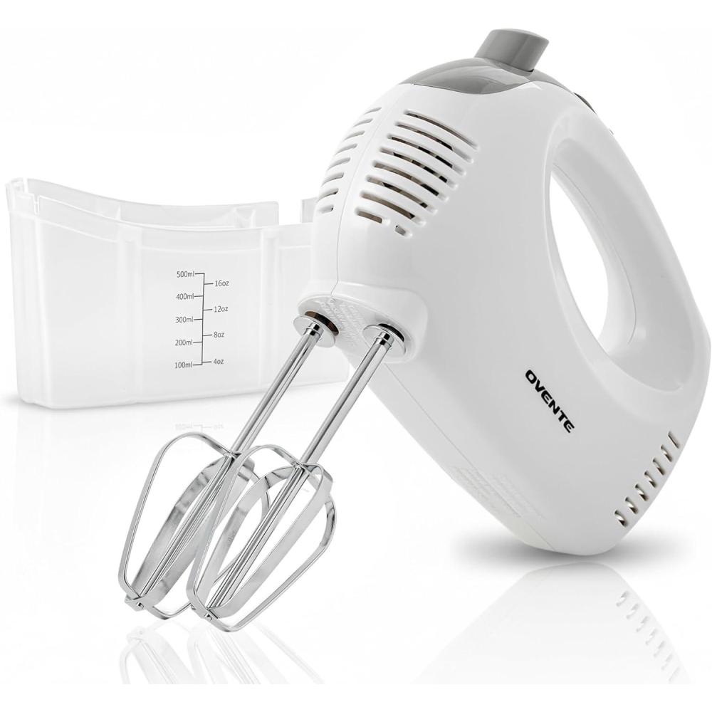 imageOVENTE 5Speed Corded Electric Hand Mixer with Stainless Steel Whisks Compact Portable Design with SnapOn Storage Case150W Lightweight Handheld Mixer for Baking amp Cooking White HM151WWhite