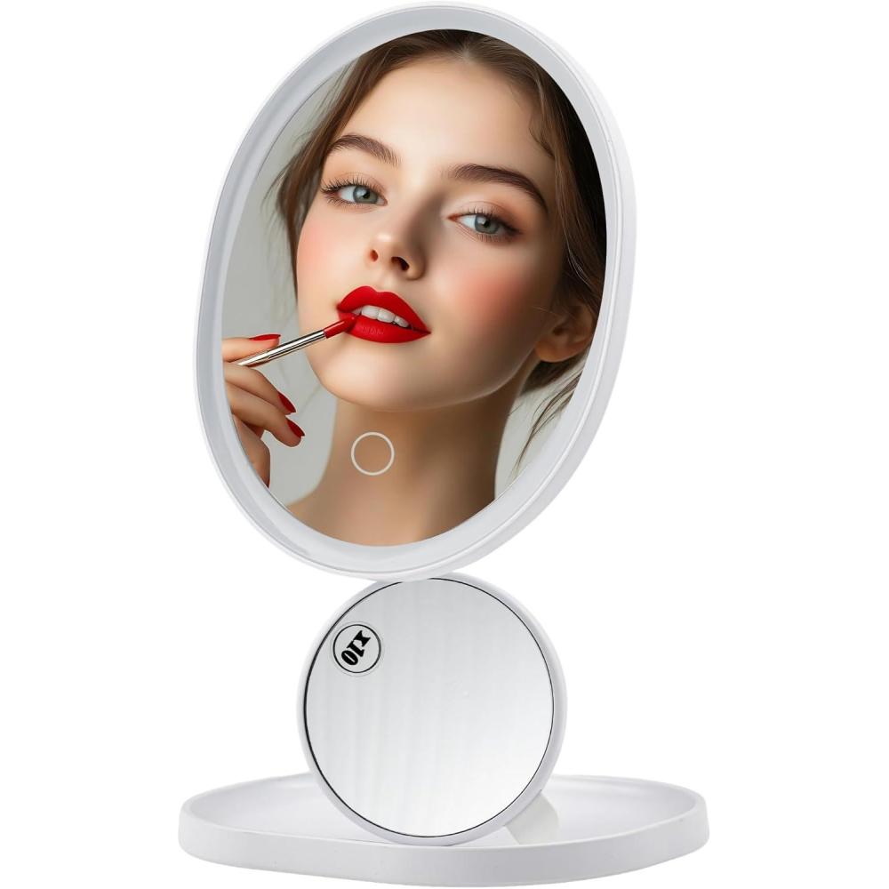 imageOVENTE 9 Rechargeable Lighted Wall Mount Makeup Mirror for Bathroom with Mini Magnetic 10X Magnifying Mirror Touch Screen Dimmable LED Lights Flexible Gooseneck and Suction Mounting White MOW22WWhite