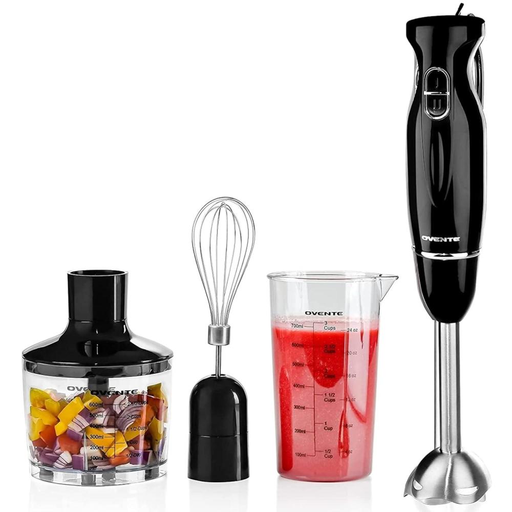 imageOVENTE Immersion Hand Blender 300W Corded Electric Handheld Stick Mixer with 2 Mixing Speeds and Stainless Steel Blades for Smoothies Purees amp Baby Food White HS560WBlack With Attachment
