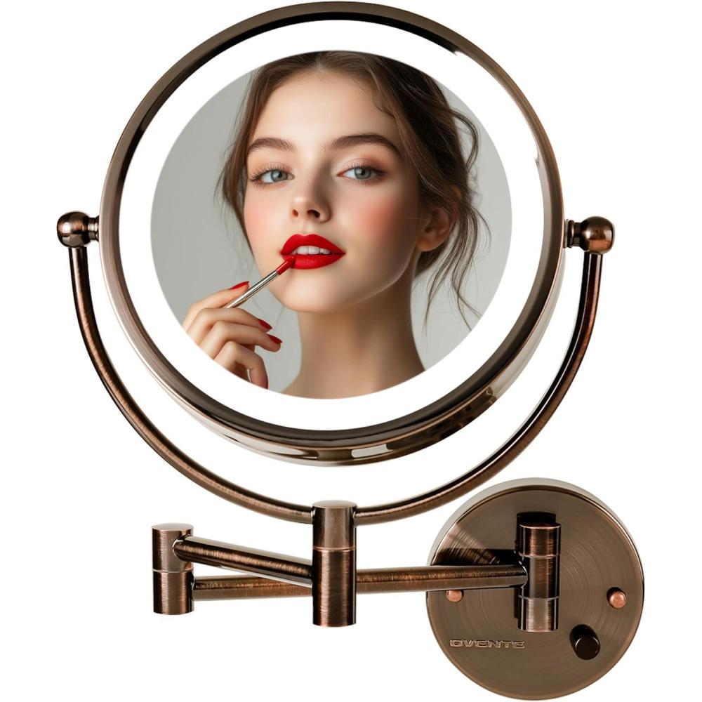 imageOVENTE Wall Mounted Lighted Makeup Vanity Mirror 9 Hard Wired Double Sided 1X7X Magnifying Bathroom Mirror Dimmable LED Lights 360 Rotation and 14 Extendable Arm Rubbed Bronze MPWD3185BZ1X7XAntique Bronze