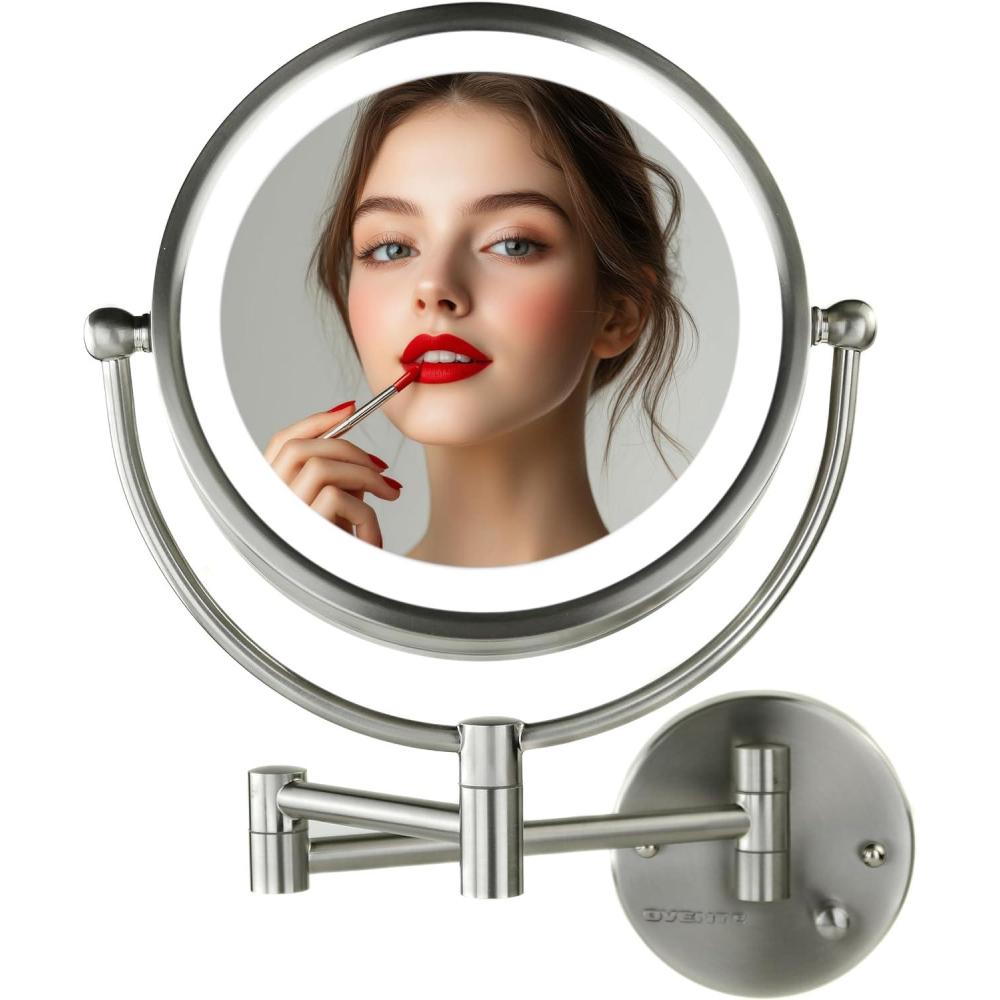 imageOVENTE Wall Mounted Lighted Makeup Vanity Mirror 9 Hard Wired Double Sided 1X7X Magnifying Bathroom Mirror Dimmable LED Lights 360 Rotation and 14 Extendable Arm Rubbed Bronze MPWD3185BZ1X7XNickel Brushed