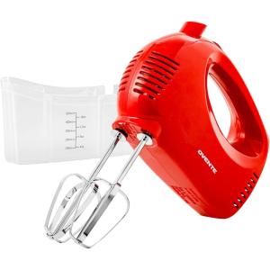 OVENTE 5-Speed Corded Electric Hand Mixer with Stainless Steel Whisks, Compact Portable Design with Snap-On Storage Case,150W Lightweight Handheld Mixer for Baking & Cooking, White HM151W(Red)