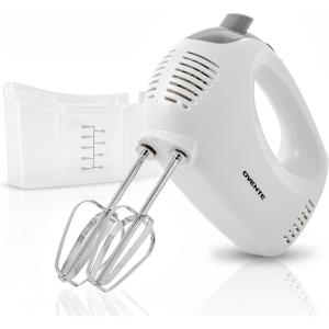 OVENTE 5-Speed Corded Electric Hand Mixer with Stainless Steel Whisks, Compact Portable Design with Snap-On Storage Case,150W Lightweight Handheld Mixer for Baking & Cooking, White HM151W(White)
