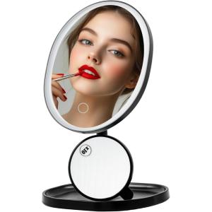 OVENTE 9” Rechargeable Lighted Wall Mount Makeup Mirror for Bathroom with Mini Magnetic 10X Magnifying Mirror, Touch Screen Dimmable LED Lights, Flexible Gooseneck and Suction Mounting, White MOW22W(Black)