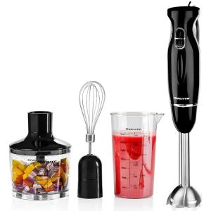 OVENTE Immersion Hand Blender, 300W Corded Electric Handheld Stick Mixer with 2 Mixing Speeds and Stainless Steel Blades for Smoothies, Purees & Baby Food, White HS560W(Black – With Attachment)