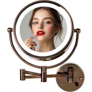 OVENTE Wall Mounted Lighted Makeup Vanity Mirror, 9″ Hard Wired Double Sided 1X/7X Magnifying Bathroom Mirror, Dimmable LED Lights, 360° Rotation and 14″ Extendable Arm, Rubbed Bronze MPWD3185BZ1X7X(Antique Bronze)