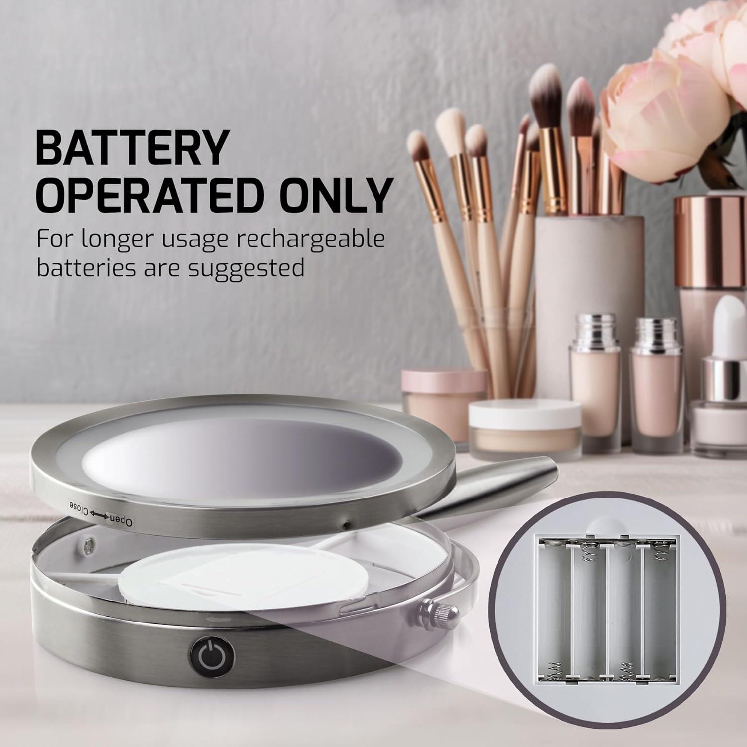 imageOVENTE 7 Lighted Makeup Mirror with 1X8X Magnification Cordless MultiFunctional Round Vanity Mirror with 360 Swivel Design Double Sided and Three Toned LED Lights Nickel Brushed MFM70BR1X8XNickle Brushed