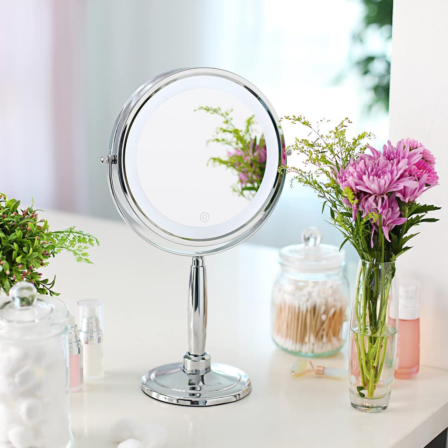 imageOVENTE 7 Lighted Makeup Mirror with 1X8X Magnification Cordless MultiFunctional Round Vanity Mirror with 360 Swivel Design Double Sided and Three Toned LED Lights Nickel Brushed MFM70BR1X8XPolished Chrome