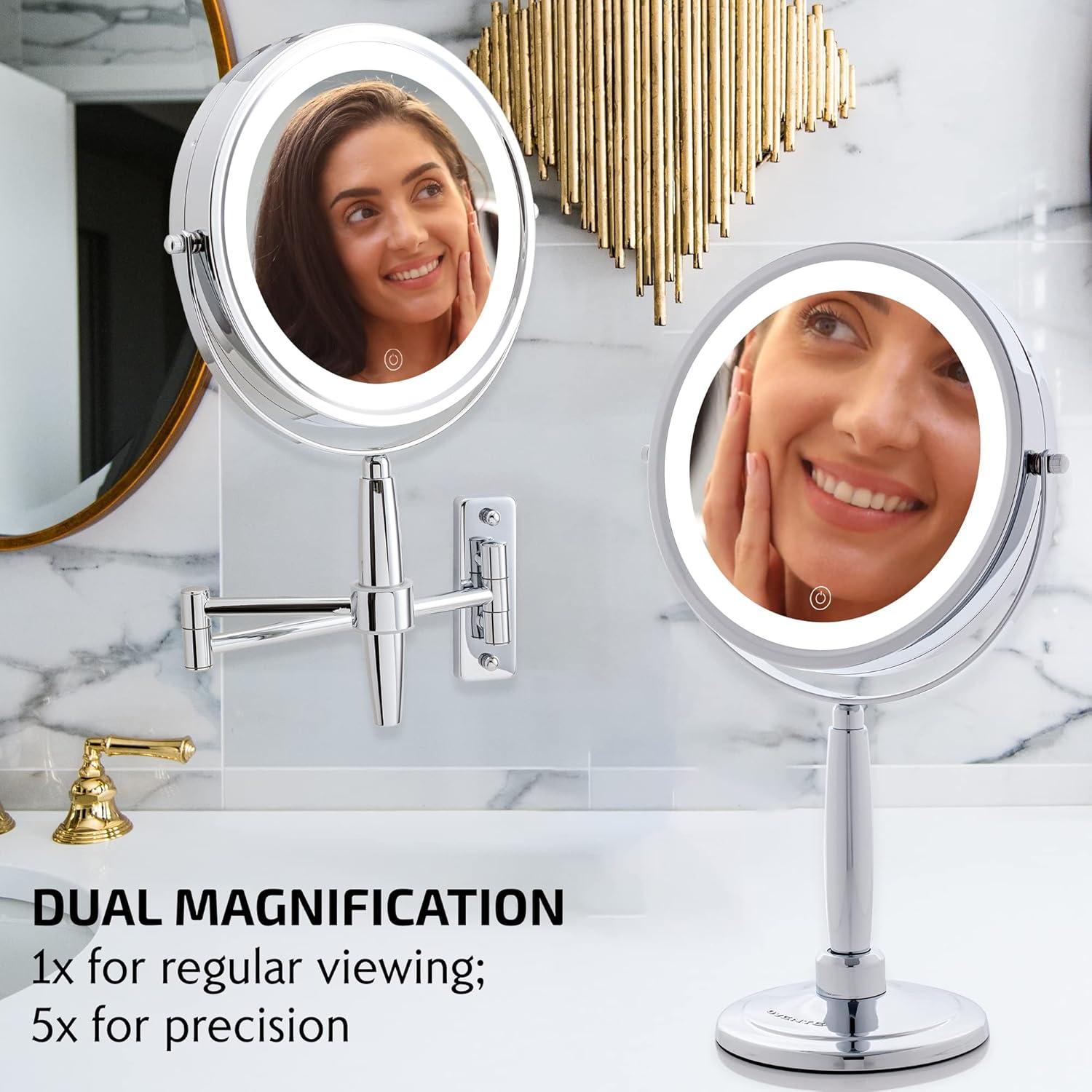 imageOVENTE 7 Lighted Makeup Mirror with 1X8X Magnification Cordless MultiFunctional Round Vanity Mirror with 360 Swivel Design Double Sided and Three Toned LED Lights Nickel Brushed MFM70BR1X8XPolished Chrome