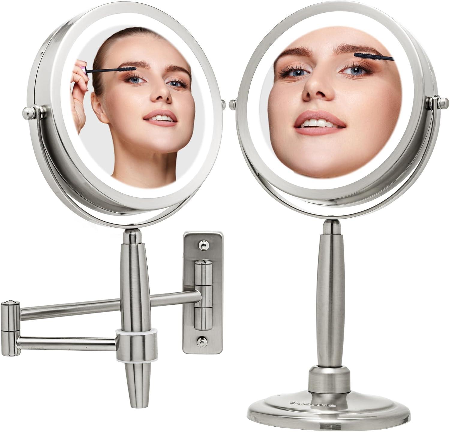 imageOVENTE 7 Lighted Makeup Mirror with 1X8X Magnification Cordless MultiFunctional Round Vanity Mirror with 360 Swivel Design Double Sided and Three Toned LED Lights Nickel Brushed MFM70BR1X8XNickle Brushed