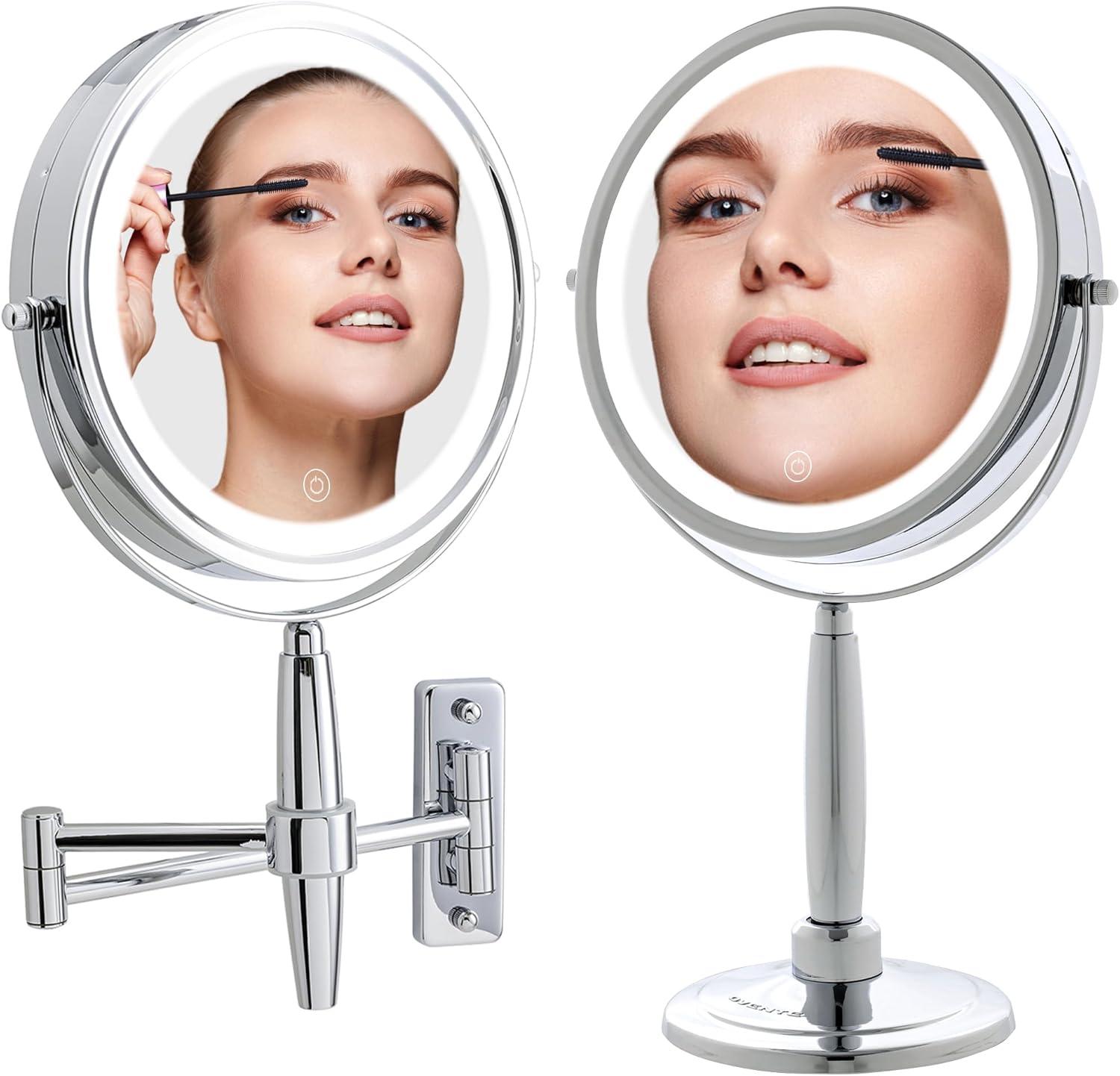 imageOVENTE 7 Lighted Makeup Mirror with 1X8X Magnification Cordless MultiFunctional Round Vanity Mirror with 360 Swivel Design Double Sided and Three Toned LED Lights Nickel Brushed MFM70BR1X8XPolished Chrome