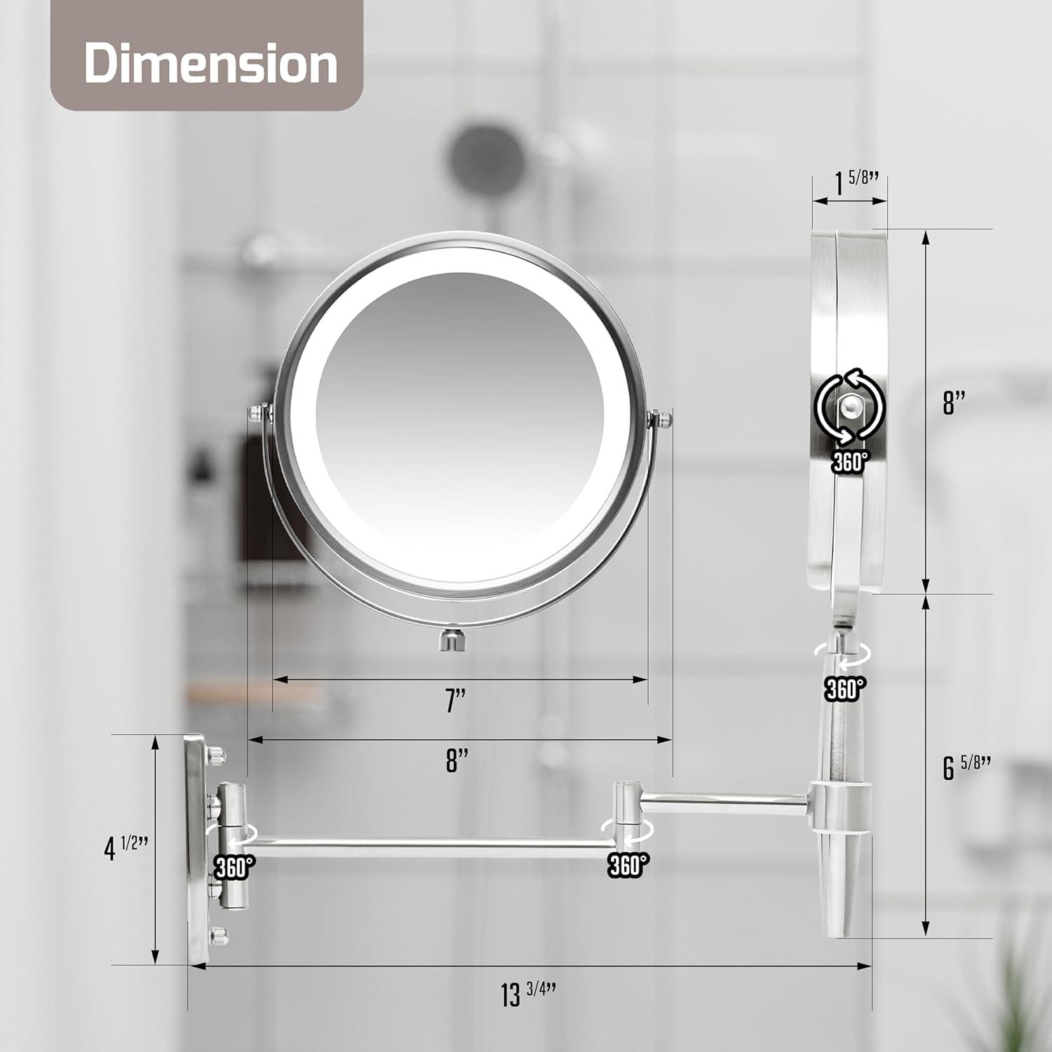 imageOVENTE 7 Lighted Makeup Mirror with 1X8X Magnification Cordless MultiFunctional Round Vanity Mirror with 360 Swivel Design Double Sided and Three Toned LED Lights Nickel Brushed MFM70BR1X8XPolished Chrome