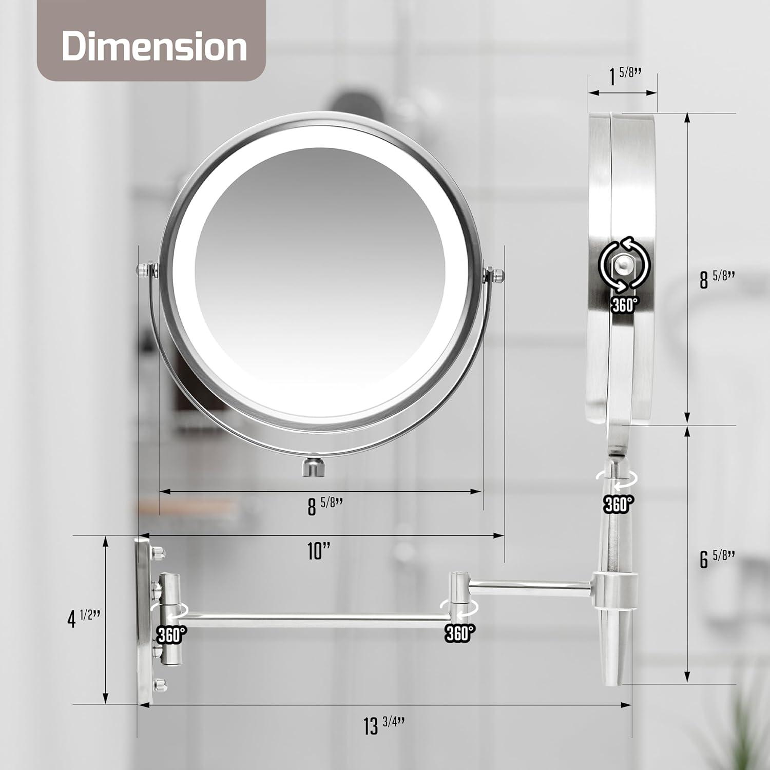 imageOVENTE 7 Lighted Makeup Mirror with 1X8X Magnification Cordless MultiFunctional Round Vanity Mirror with 360 Swivel Design Double Sided and Three Toned LED Lights Nickel Brushed MFM70BR1X8XNickle Brushed