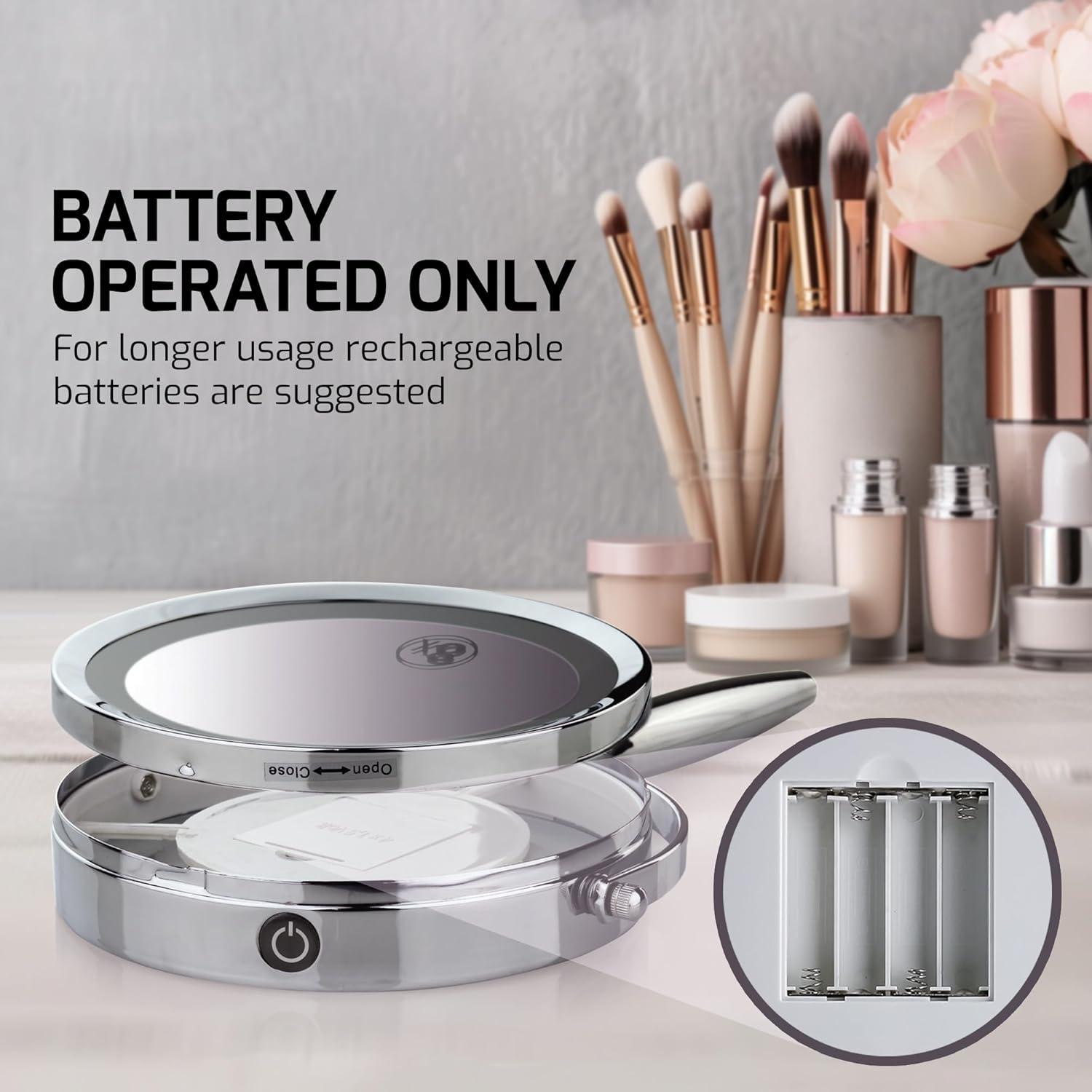 imageOVENTE 7 Lighted Makeup Mirror with 1X8X Magnification Cordless MultiFunctional Round Vanity Mirror with 360 Swivel Design Double Sided and Three Toned LED Lights Nickel Brushed MFM70BR1X8XPolished Chrome