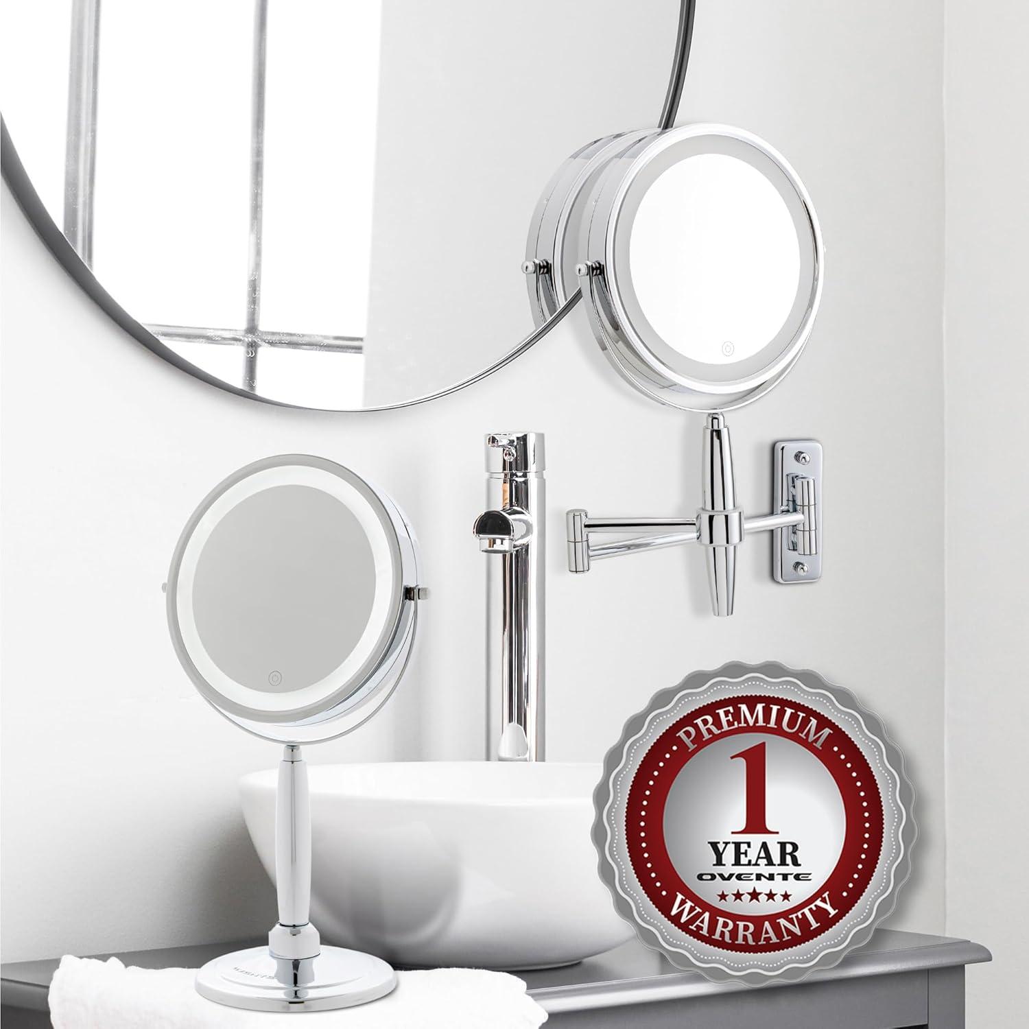 imageOVENTE 7 Lighted Makeup Mirror with 1X8X Magnification Cordless MultiFunctional Round Vanity Mirror with 360 Swivel Design Double Sided and Three Toned LED Lights Nickel Brushed MFM70BR1X8XPolished Chrome