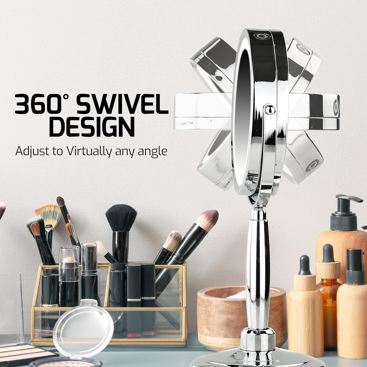 imageOVENTE 7 Lighted Makeup Mirror with 1X8X Magnification Cordless MultiFunctional Round Vanity Mirror with 360 Swivel Design Double Sided and Three Toned LED Lights Nickel Brushed MFM70BR1X8XPolished Chrome