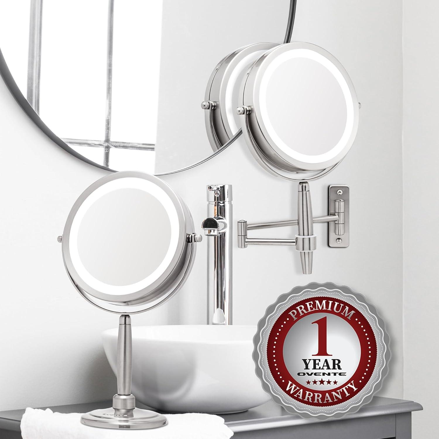 imageOVENTE 7 Lighted Makeup Mirror with 1X8X Magnification Cordless MultiFunctional Round Vanity Mirror with 360 Swivel Design Double Sided and Three Toned LED Lights Nickel Brushed MFM70BR1X8XNickle Brushed