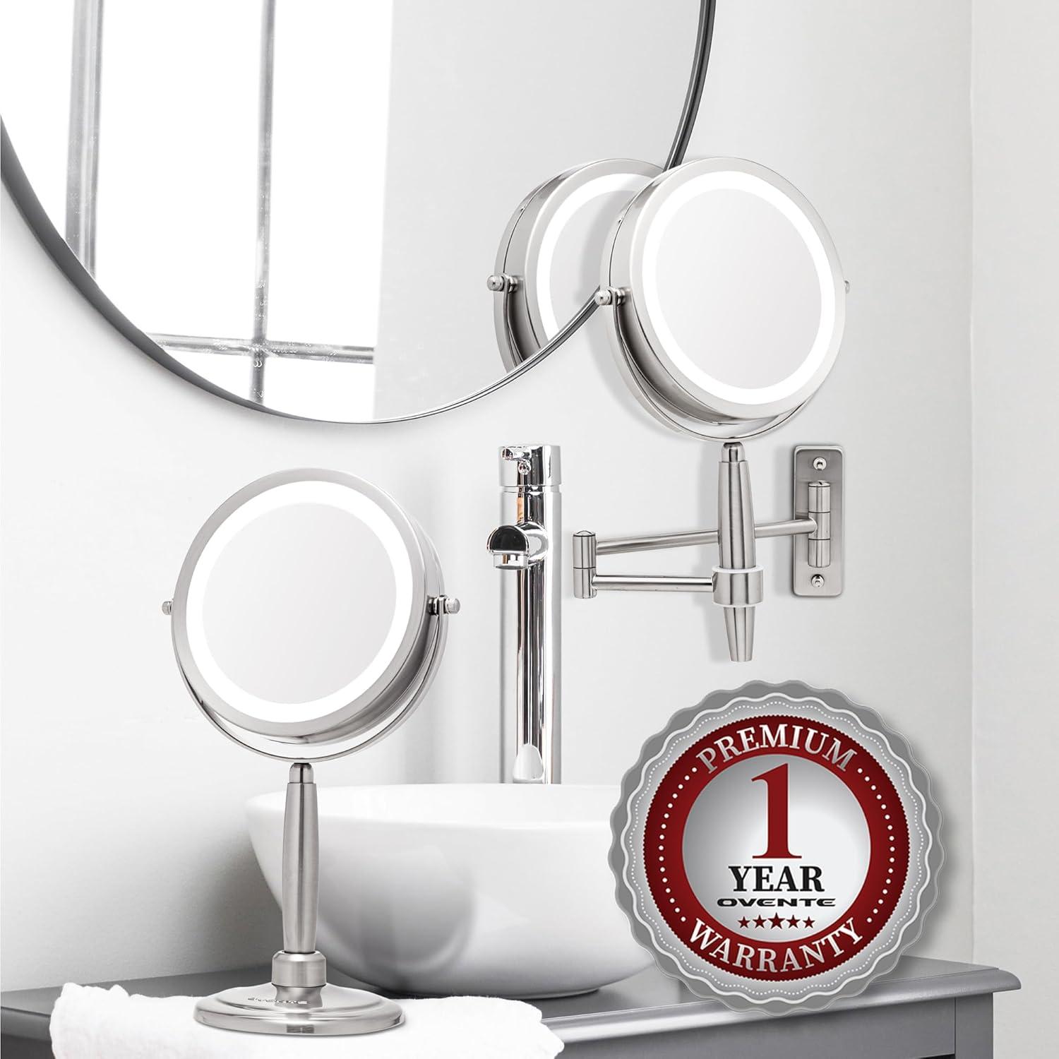 imageOVENTE 7 Lighted Makeup Mirror with 1X8X Magnification Cordless MultiFunctional Round Vanity Mirror with 360 Swivel Design Double Sided and Three Toned LED Lights Nickel Brushed MFM70BR1X8XNickle Brushed
