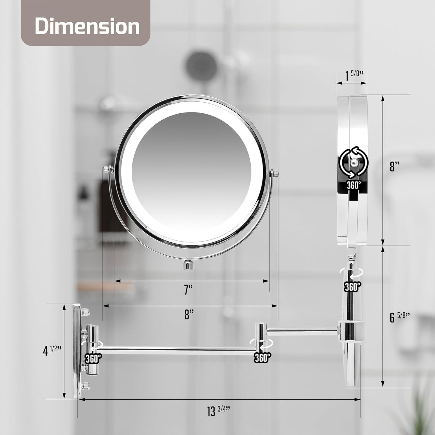 imageOVENTE 7 Lighted Makeup Mirror with 1X8X Magnification Cordless MultiFunctional Round Vanity Mirror with 360 Swivel Design Double Sided and Three Toned LED Lights Nickel Brushed MFM70BR1X8XNickle Brushed