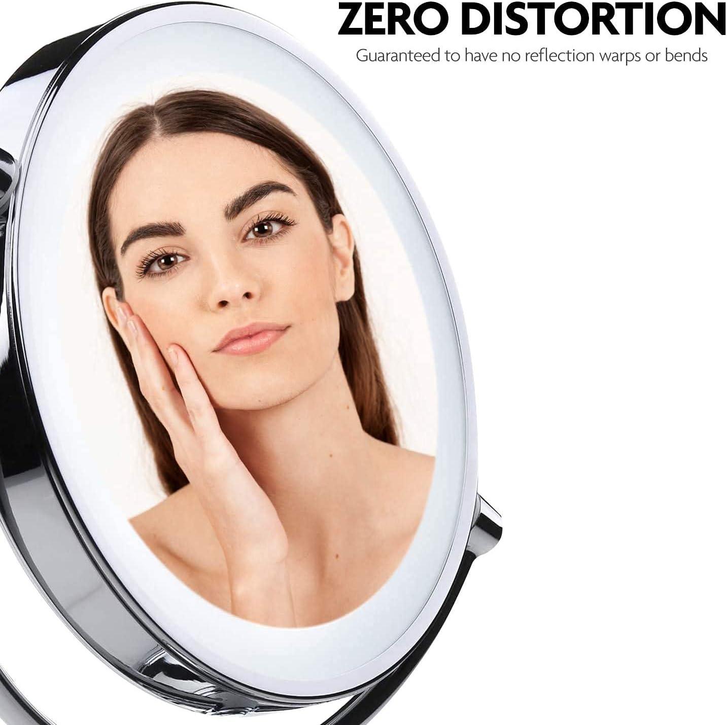 imageOVENTE 7 Lighted Tabletop Makeup Mirror with 1X10X Magnification DoubleSided Magnifying Vanity Mirror with Dimmable LED Lights 360 Swivel Design amp Dual Power Supply Nickel Brushed MGT75BR1X10XPolished Chrome