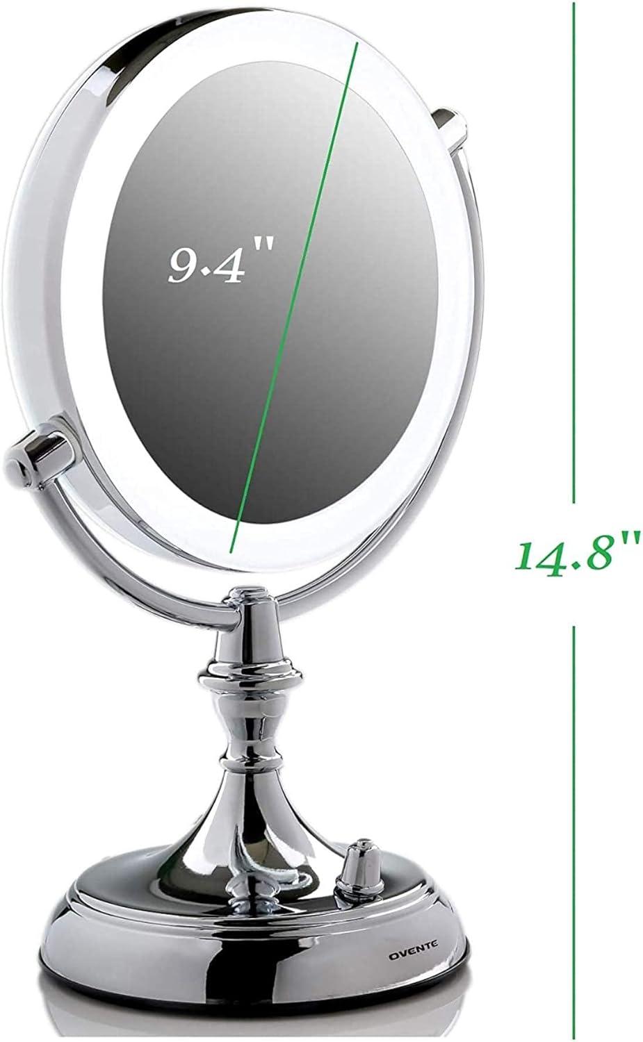 imageOVENTE 7 Lighted Tabletop Makeup Mirror with 1X10X Magnification DoubleSided Magnifying Vanity Mirror with Dimmable LED Lights 360 Swivel Design amp Dual Power Supply Nickel Brushed MGT75BR1X10XPolished Chrome