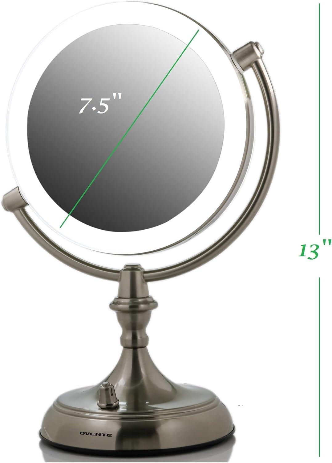 imageOVENTE 7 Lighted Tabletop Makeup Mirror with 1X10X Magnification DoubleSided Magnifying Vanity Mirror with Dimmable LED Lights 360 Swivel Design amp Dual Power Supply Nickel Brushed MGT75BR1X10XNickel Brushed