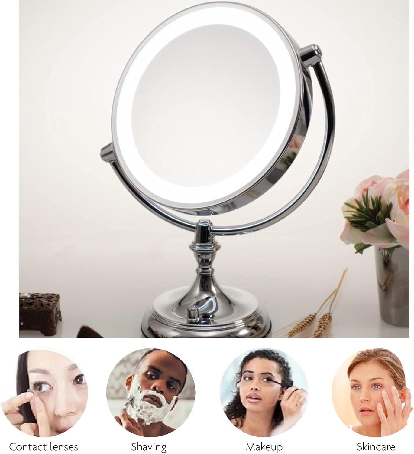 imageOVENTE 7 Lighted Tabletop Makeup Mirror with 1X10X Magnification DoubleSided Magnifying Vanity Mirror with Dimmable LED Lights 360 Swivel Design amp Dual Power Supply Nickel Brushed MGT75BR1X10XPolished Chrome