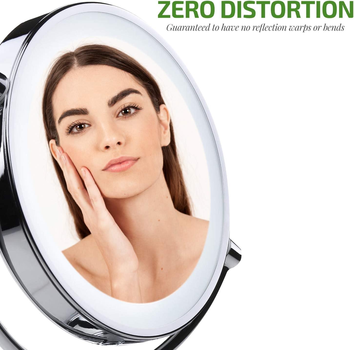 imageOVENTE 7 Lighted Tabletop Makeup Mirror with 1X10X Magnification DoubleSided Magnifying Vanity Mirror with Dimmable LED Lights 360 Swivel Design amp Dual Power Supply Nickel Brushed MGT75BR1X10XPolished Chrome