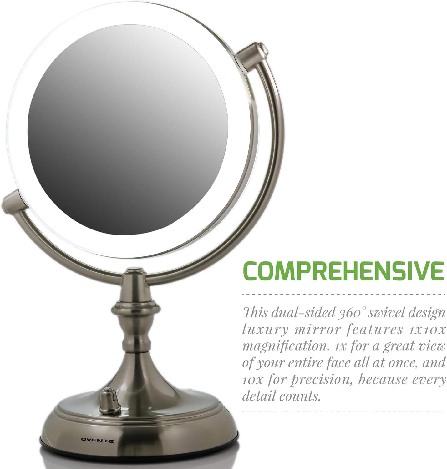 imageOVENTE 7 Lighted Tabletop Makeup Mirror with 1X10X Magnification DoubleSided Magnifying Vanity Mirror with Dimmable LED Lights 360 Swivel Design amp Dual Power Supply Nickel Brushed MGT75BR1X10XNickel Brushed