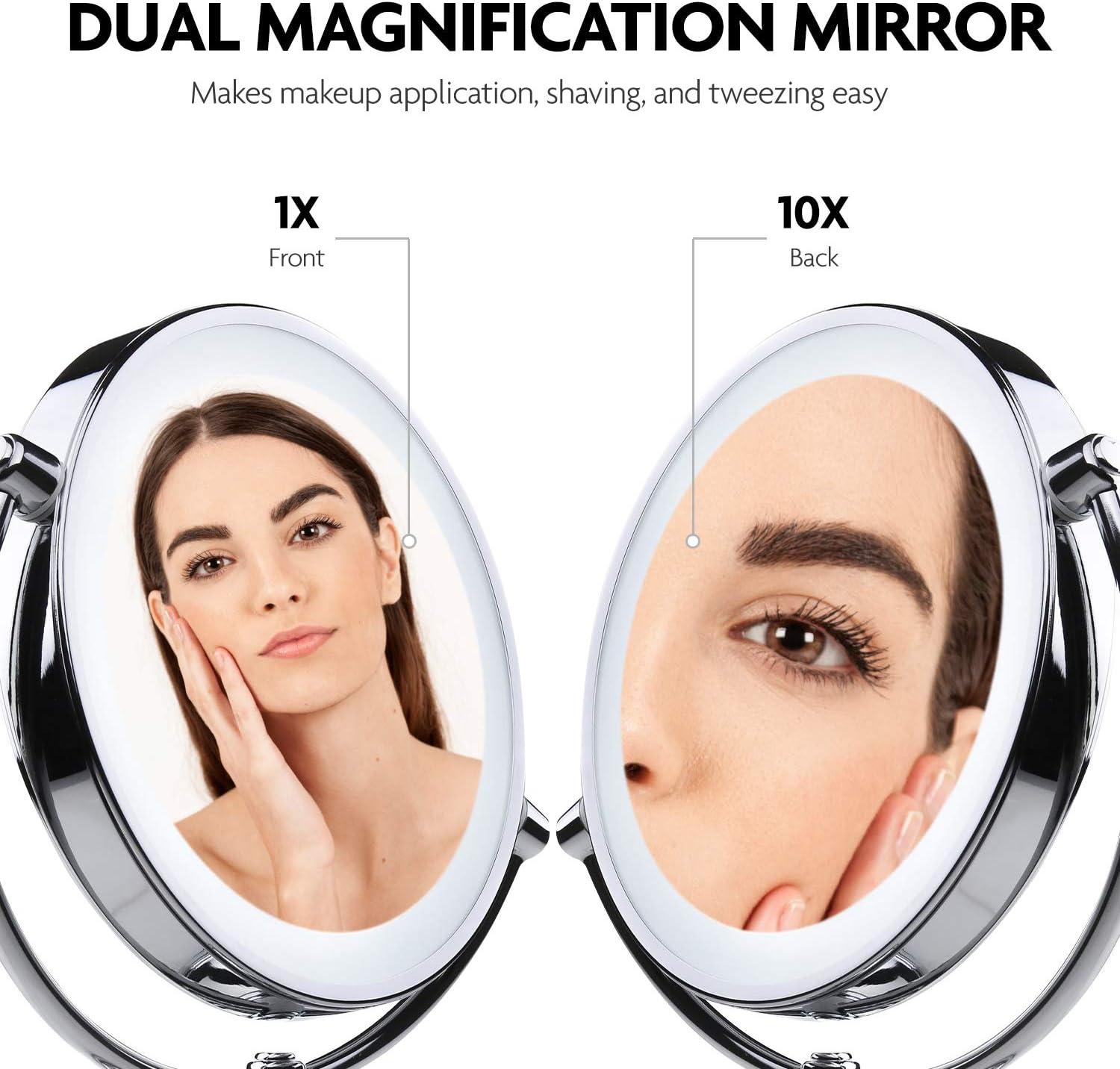 imageOVENTE 7 Lighted Tabletop Makeup Mirror with 1X10X Magnification DoubleSided Magnifying Vanity Mirror with Dimmable LED Lights 360 Swivel Design amp Dual Power Supply Nickel Brushed MGT75BR1X10XPolished Chrome
