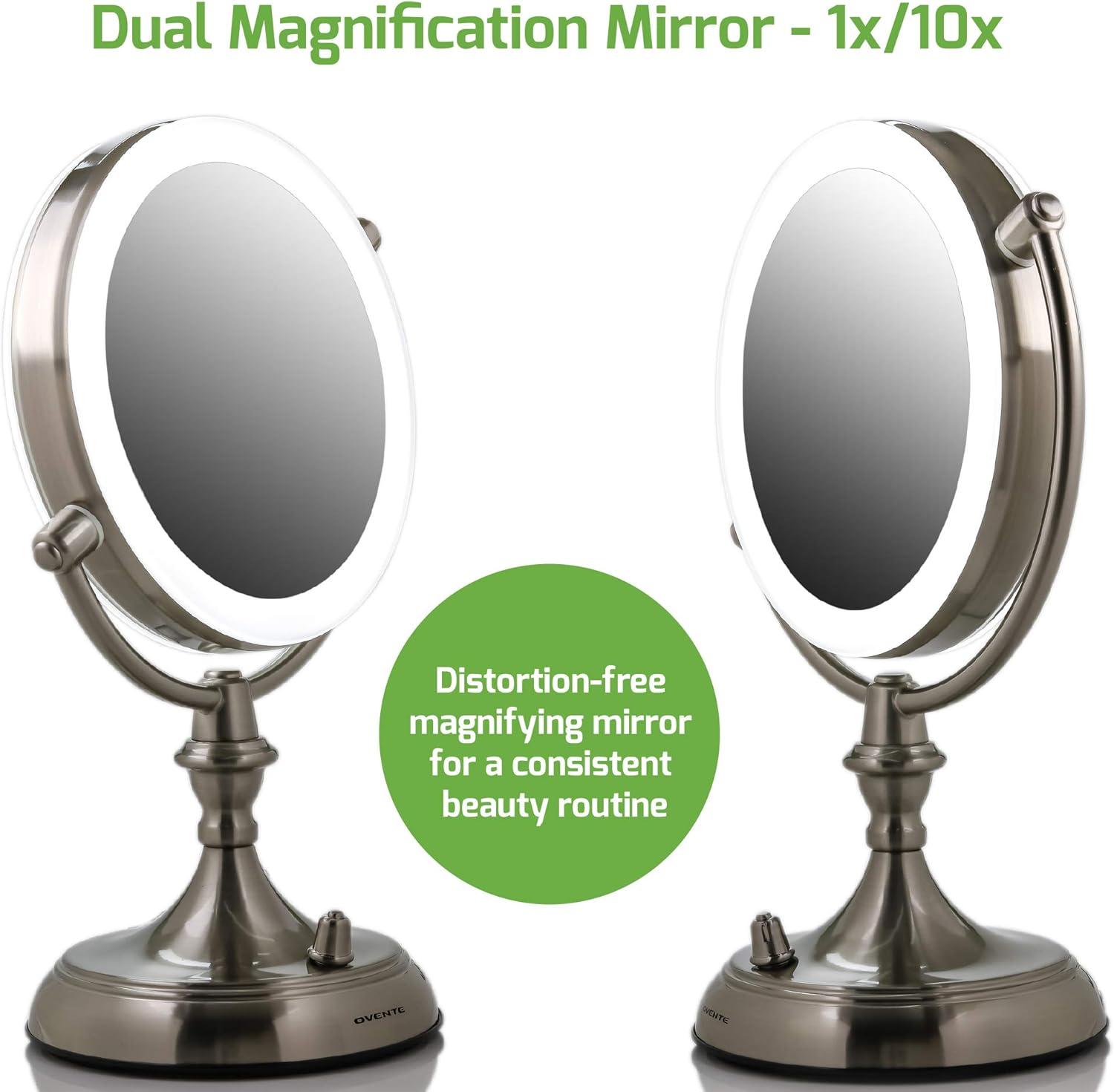 imageOVENTE 7 Lighted Tabletop Makeup Mirror with 1X10X Magnification DoubleSided Magnifying Vanity Mirror with Dimmable LED Lights 360 Swivel Design amp Dual Power Supply Nickel Brushed MGT75BR1X10XNickel Brushed
