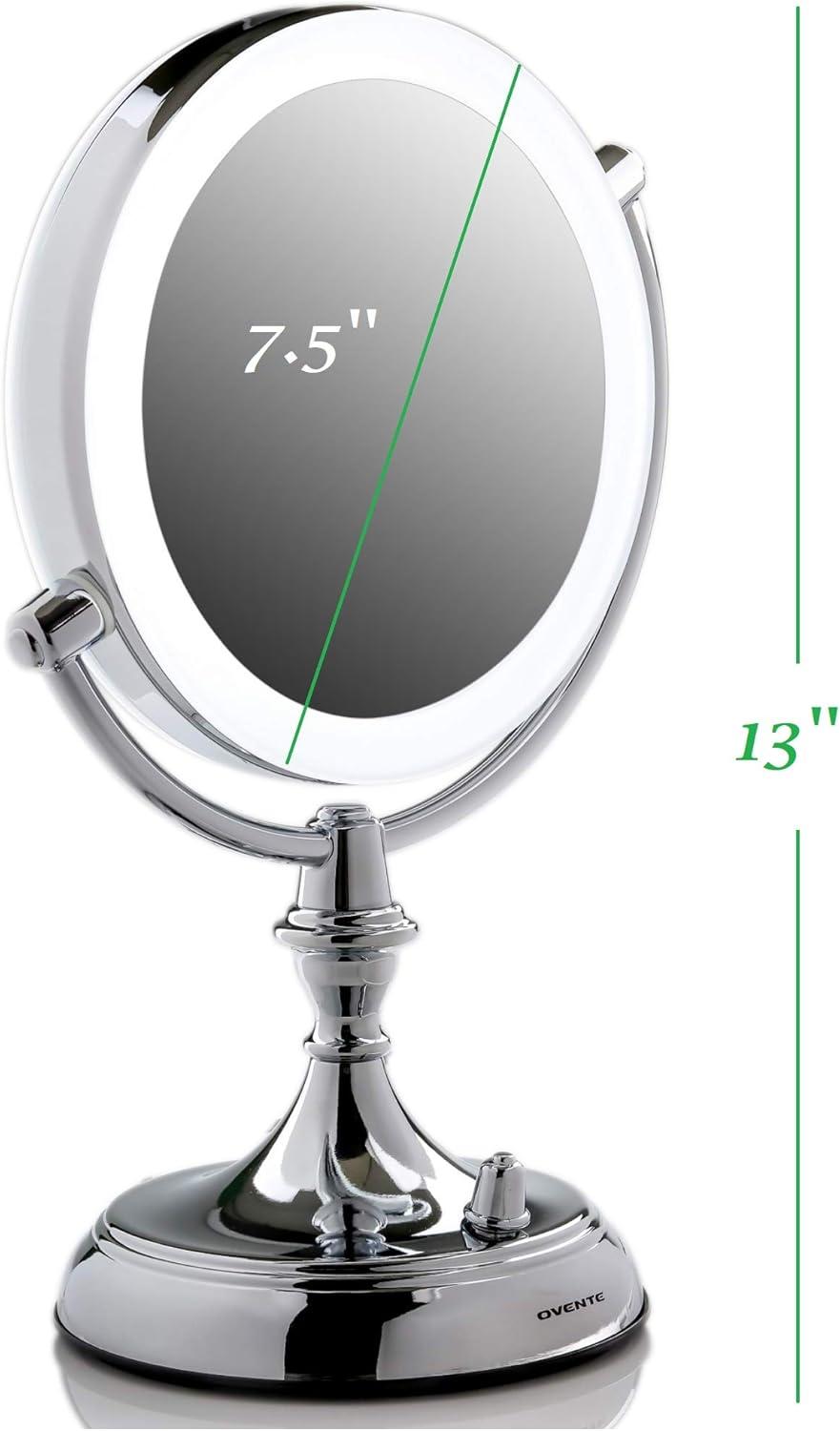 imageOVENTE 7 Lighted Tabletop Makeup Mirror with 1X10X Magnification DoubleSided Magnifying Vanity Mirror with Dimmable LED Lights 360 Swivel Design amp Dual Power Supply Nickel Brushed MGT75BR1X10XPolished Chrome