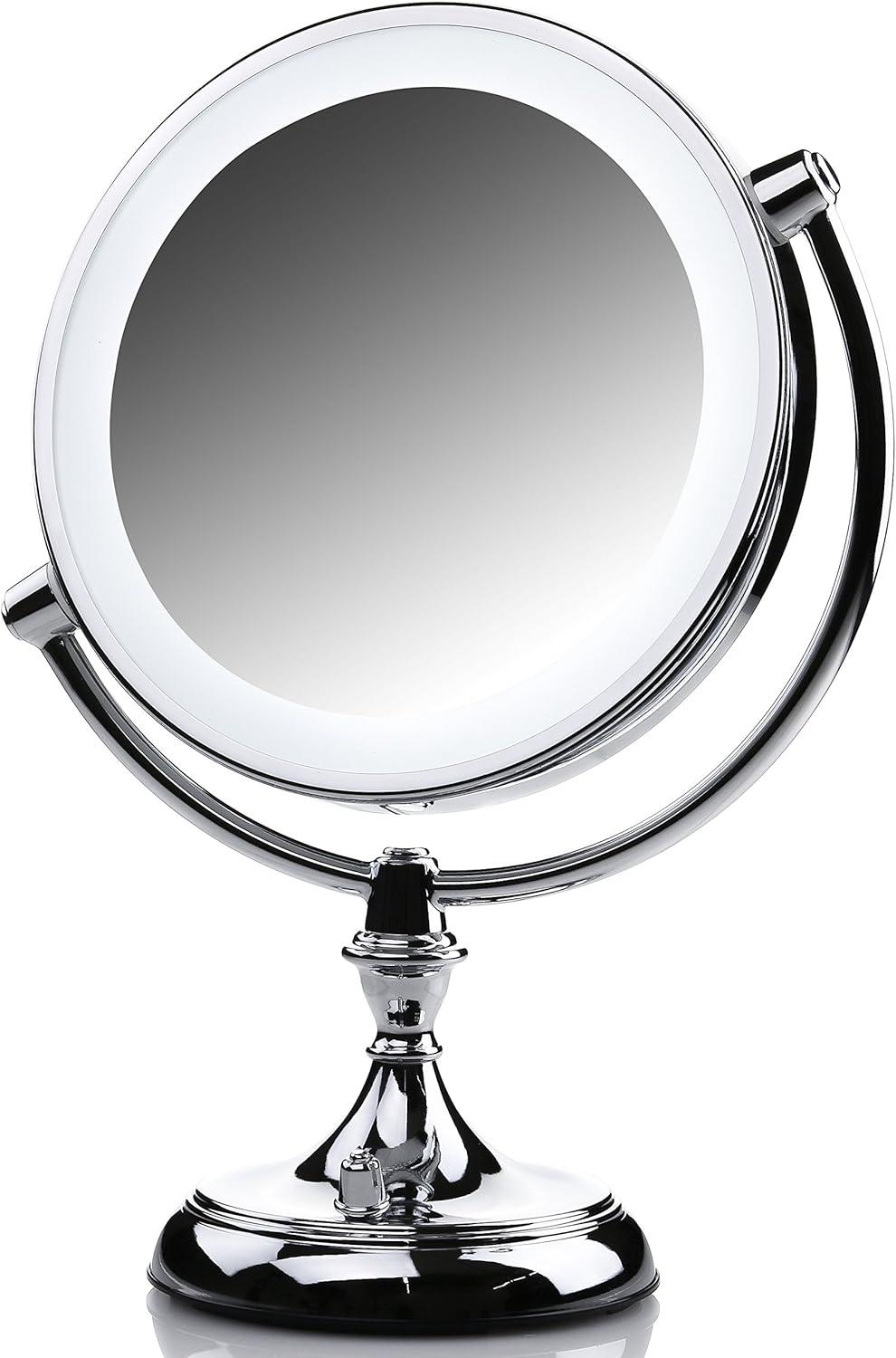 imageOVENTE 7 Lighted Tabletop Makeup Mirror with 1X10X Magnification DoubleSided Magnifying Vanity Mirror with Dimmable LED Lights 360 Swivel Design amp Dual Power Supply Nickel Brushed MGT75BR1X10XPolished Chrome