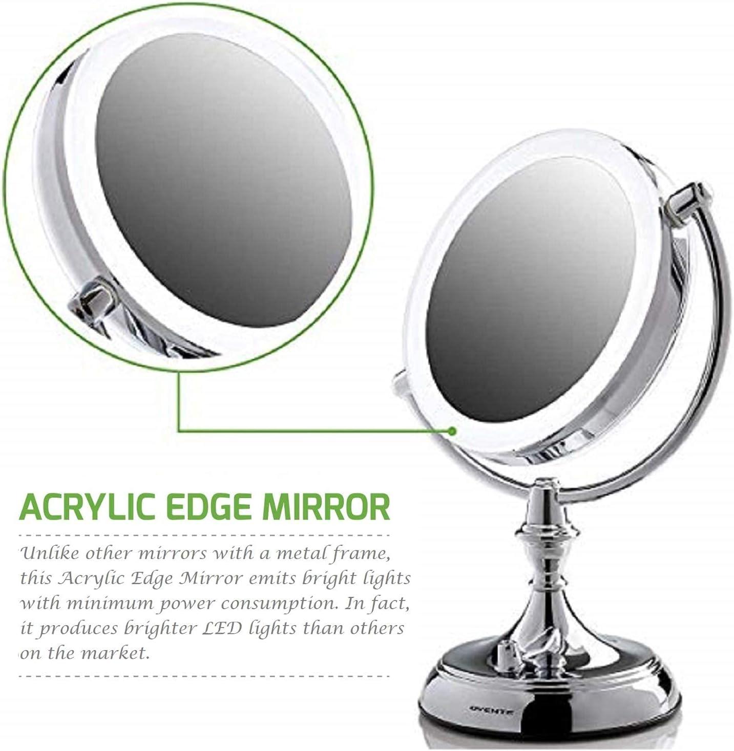 imageOVENTE 7 Lighted Tabletop Makeup Mirror with 1X10X Magnification DoubleSided Magnifying Vanity Mirror with Dimmable LED Lights 360 Swivel Design amp Dual Power Supply Nickel Brushed MGT75BR1X10XPolished Chrome