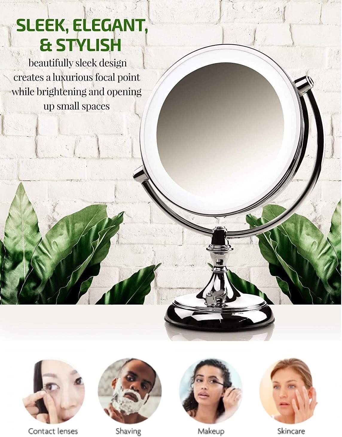 imageOVENTE 7 Lighted Tabletop Makeup Mirror with 1X10X Magnification DoubleSided Magnifying Vanity Mirror with Dimmable LED Lights 360 Swivel Design amp Dual Power Supply Nickel Brushed MGT75BR1X10XPolished Chrome