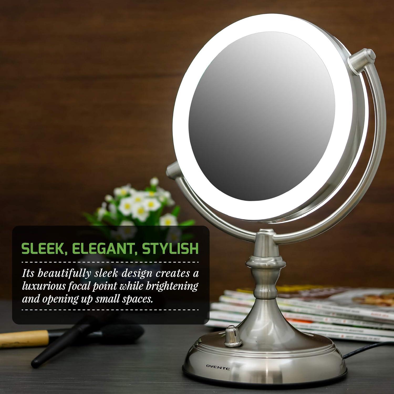 imageOVENTE 7 Lighted Tabletop Makeup Mirror with 1X10X Magnification DoubleSided Magnifying Vanity Mirror with Dimmable LED Lights 360 Swivel Design amp Dual Power Supply Nickel Brushed MGT75BR1X10XNickel Brushed