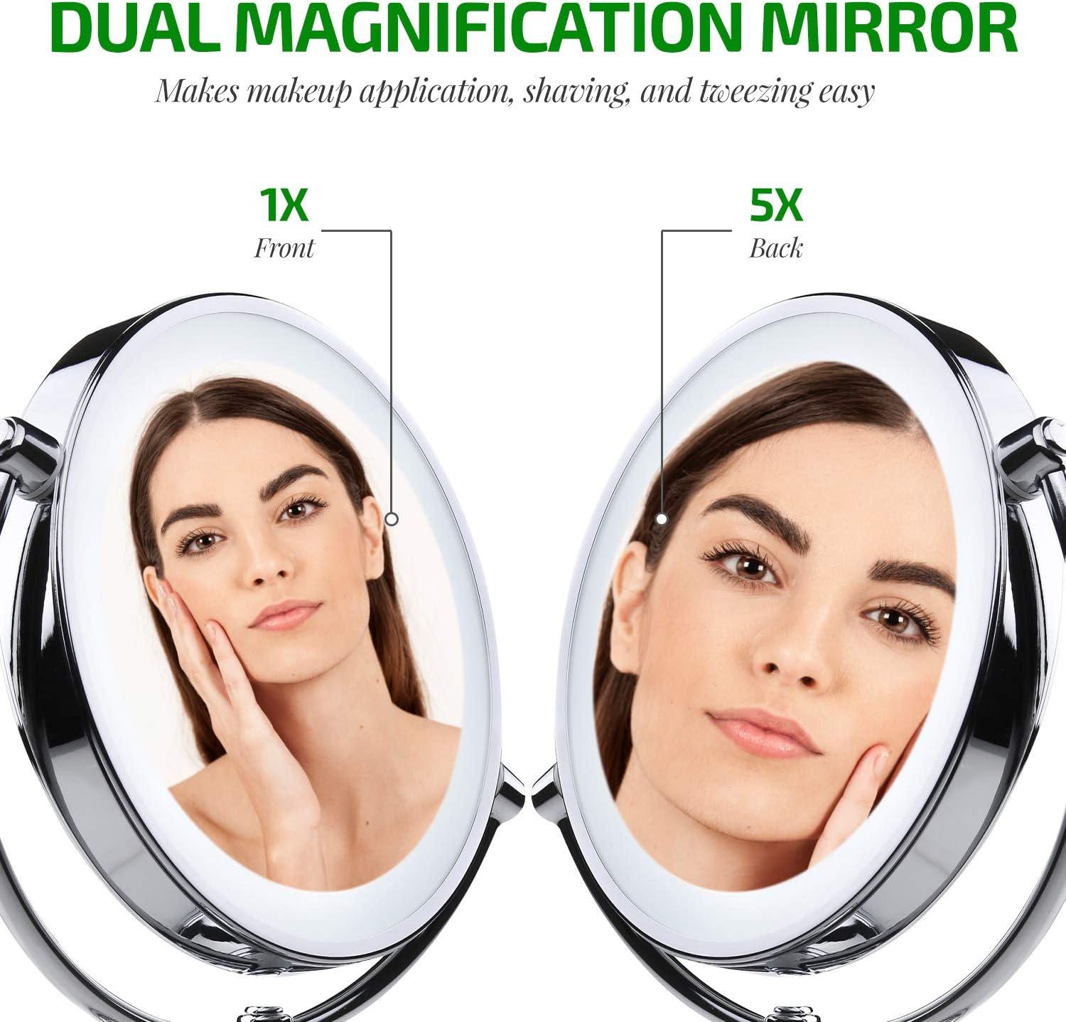 imageOVENTE 7 Lighted Tabletop Makeup Mirror with 1X10X Magnification DoubleSided Magnifying Vanity Mirror with Dimmable LED Lights 360 Swivel Design amp Dual Power Supply Nickel Brushed MGT75BR1X10XPolished Chrome