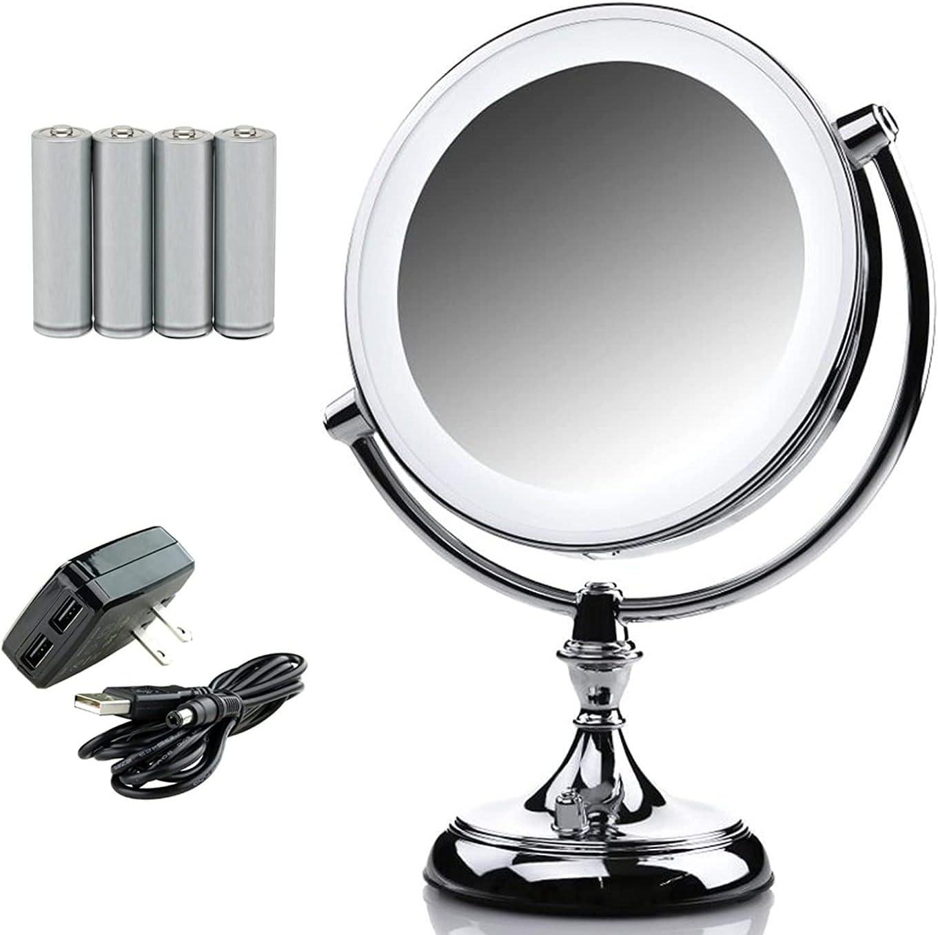 imageOVENTE 7 Lighted Tabletop Makeup Mirror with 1X10X Magnification DoubleSided Magnifying Vanity Mirror with Dimmable LED Lights 360 Swivel Design amp Dual Power Supply Nickel Brushed MGT75BR1X10XPolished Chrome