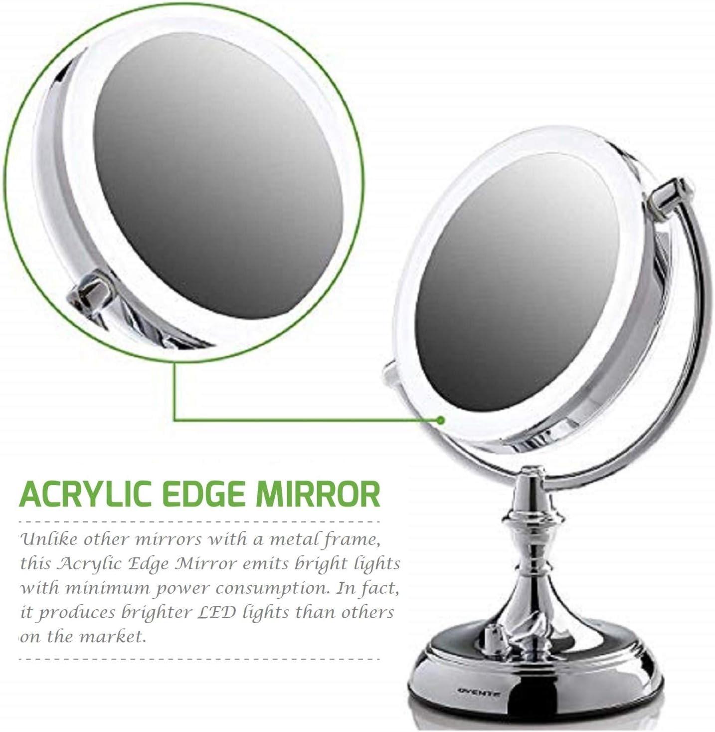 imageOVENTE 7 Lighted Tabletop Makeup Mirror with 1X10X Magnification DoubleSided Magnifying Vanity Mirror with Dimmable LED Lights 360 Swivel Design amp Dual Power Supply Nickel Brushed MGT75BR1X10XPolished Chrome
