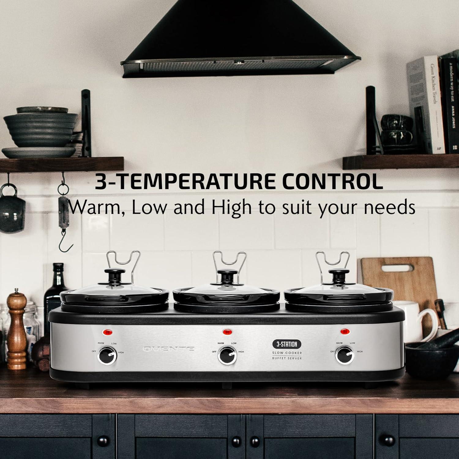 imageOVENTE Stainless Steel Triple Slow Cooker Buffet Server with Glass Lid amp Temperature Control 3 Section Station Portable 45 QT Ceramic Pot Food Warmer Easy Clean for Holiday Dinner Silver SLO315CBR