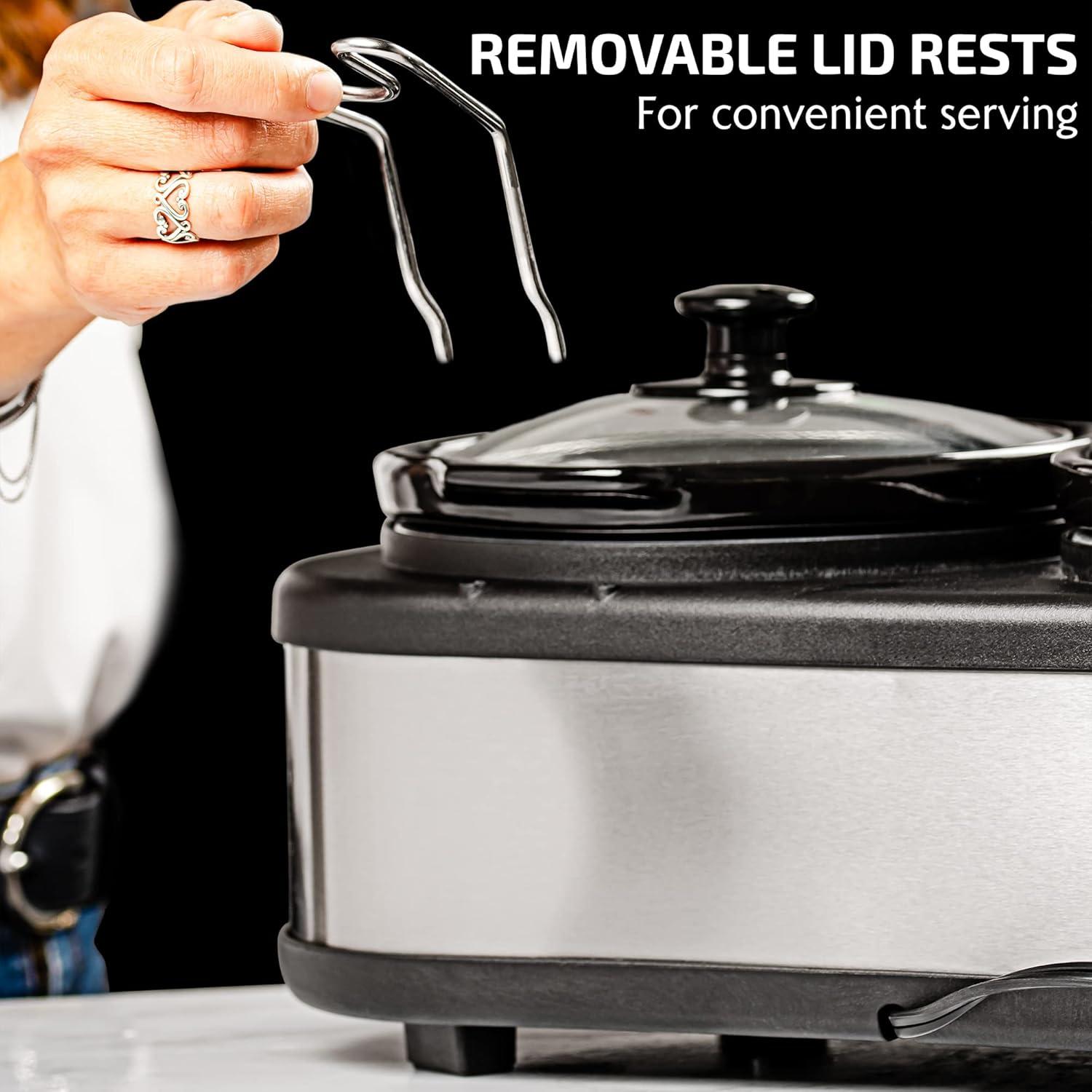 imageOVENTE Stainless Steel Triple Slow Cooker Buffet Server with Glass Lid amp Temperature Control 3 Section Station Portable 45 QT Ceramic Pot Food Warmer Easy Clean for Holiday Dinner Silver SLO315CBR