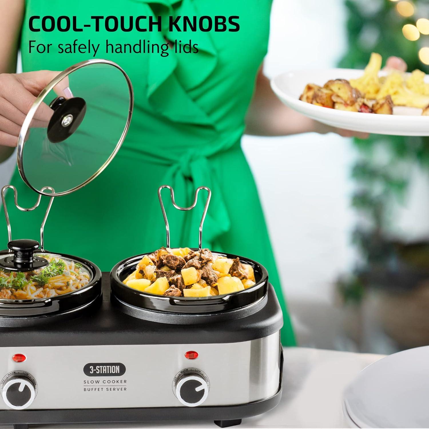 imageOVENTE Stainless Steel Triple Slow Cooker Buffet Server with Glass Lid amp Temperature Control 3 Section Station Portable 45 QT Ceramic Pot Food Warmer Easy Clean for Holiday Dinner Silver SLO315CBR