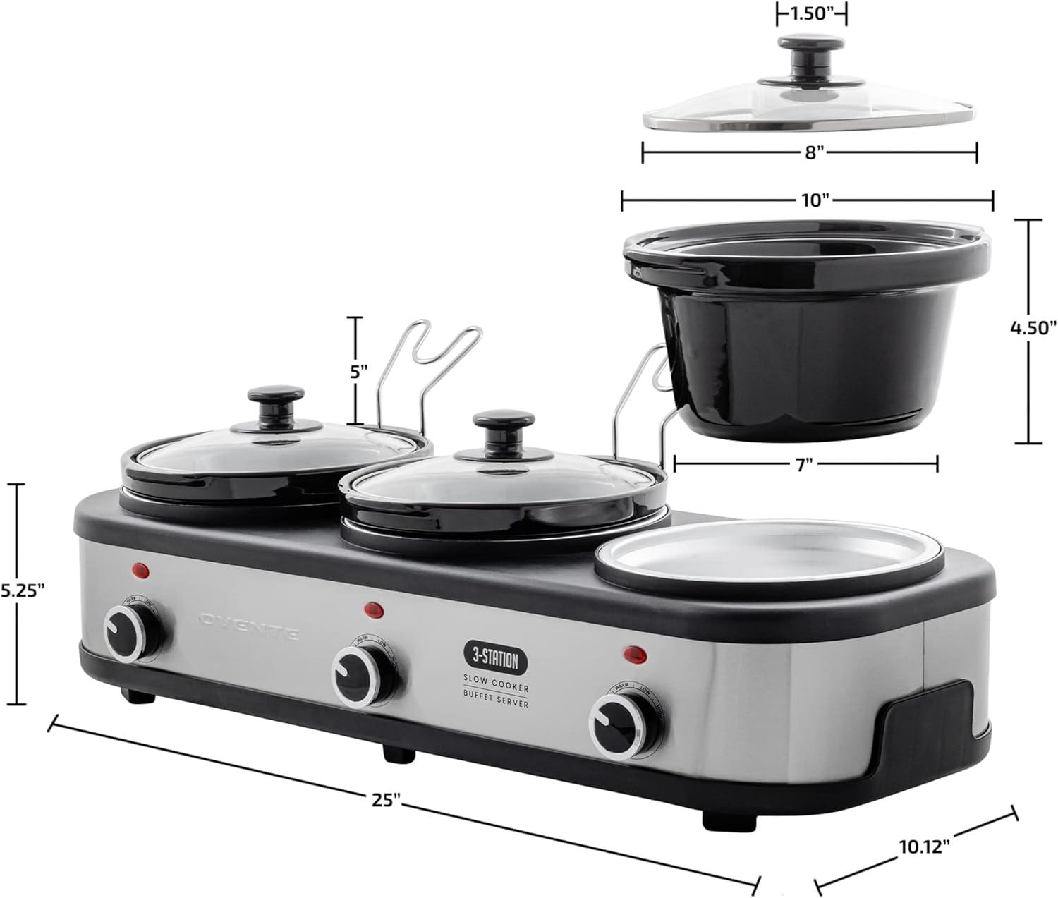 imageOVENTE Stainless Steel Triple Slow Cooker Buffet Server with Glass Lid amp Temperature Control 3 Section Station Portable 45 QT Ceramic Pot Food Warmer Easy Clean for Holiday Dinner Silver SLO315CBR