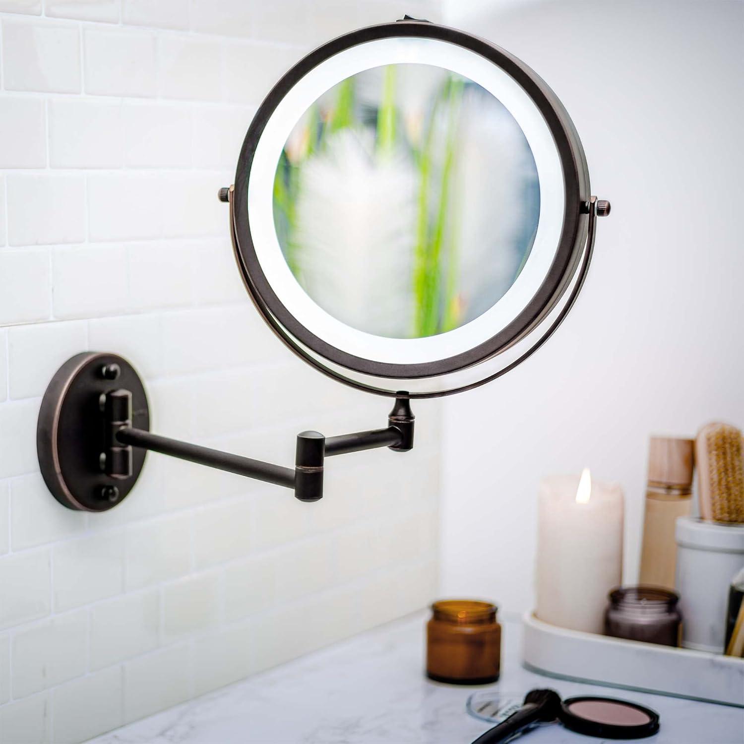 imageOVENTE Wall Mounted Lighted Makeup Mirror 9 Double Sided 1X10X Magnifying Vanity Mirror for Bathroom with LED Lights Cordless 360 Rotation and 13 Extendable Arm Polished Chrome MFW85CH1X10XAntique Bronze